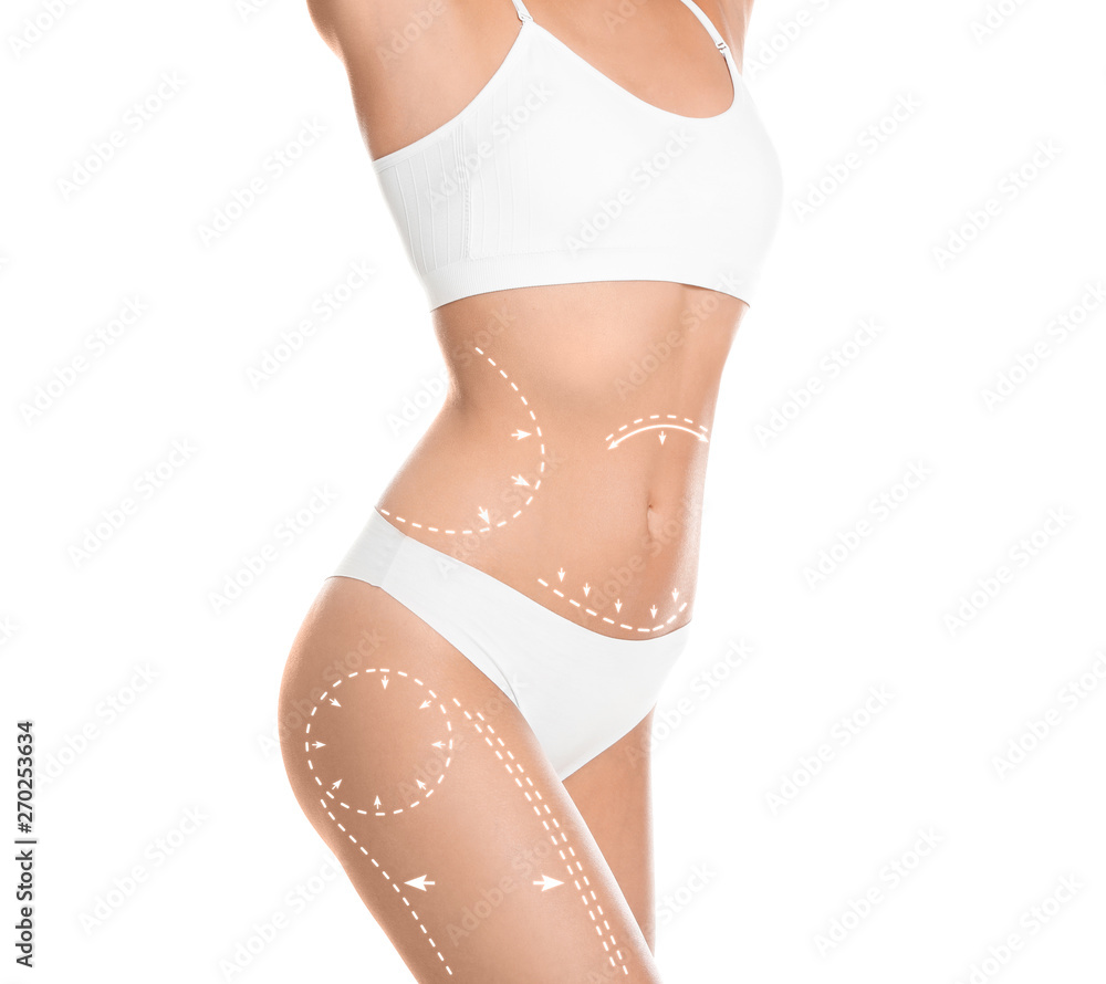 Young slim woman with arrows on body against white background, closeup. Beauty and health concept - obrazy, fototapety, plakaty 
