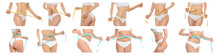 Collage Of Slim Young Woman Measuring Her Body With Tape On White Background, Closeup