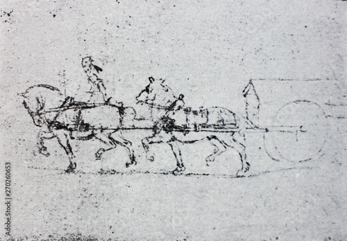 Obrazy Leonardo da Vinci  szkice-koni-w-zaprzegu-rekopisy-leonarda-da-vinci-w-zabytkowej-ksiazce-leonardo