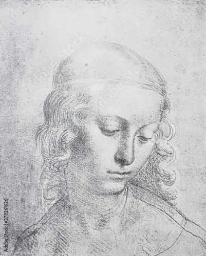 Fototapety Leonardo da Vinci  szkic-mlodej-kobiety-leonarda-da-vinci-w-zabytkowej-ksiazce-leonardo-da-vinci-autorstwa-al