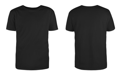 men's black blank t-shirt template,from two sides, natural shape on invisible mannequin, for your de
