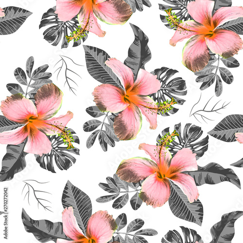 Seamless pattern hibiscus flower with leaf design