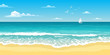Seascape with waves, cloudy sky and seagulls. Yacht on the horizon. Tourism and travelling. Vector design