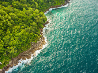 Aerial view of the tropical Mahe Island and beautiful lagoons