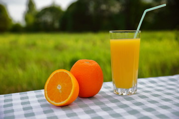 A glass of orange juice with a straw, oranges on a green-and-white checkered tablecloth, blurred green natural background on a sunny day