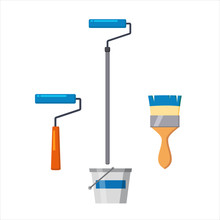Set Of Wall Painting Tools. Vector Illustration With Spatula, Bucket Of Paint, Brush And Roller. Home Repair Icons