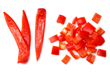 cut slices of red sweet bell pepper isolated on white background top view