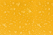 Realistic transparent water rain, juice, shower, dew drops or vapor steam bubbles on yellow background. Abstract water raindrops texture background for design overlay, juice droplets close up view. 3D