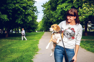 Wall Mural - Girl holding a dog in her arms on the nature background at summer time. Lifestyle photo.