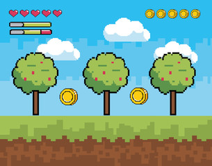 Sticker - pixelated videogame scene with trees and coins bar