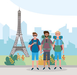 travel men friends with backpack and eiffel tower destination