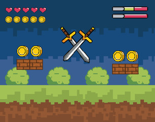 Wall Mural - videogame scene with pixelated swords and coins