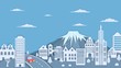 Cityscape in paper cut style. Mountain, forest landscape, skyscraper and 3d red car paper craft for concept design. Vector card illustration.