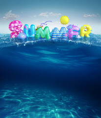 Wall Mural - Travel backgrounds. Summer 3d rendered banner with 3D text and colorful balls, fishes, flamingo and the sun in blue sky and sea background for summer season holiday.