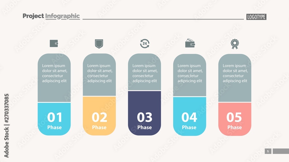 Five elements process chart slide template. Business data. Model ...