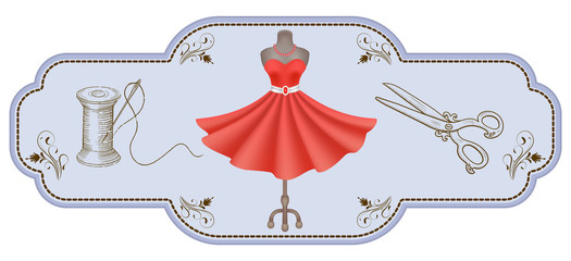 Decorative frame for workshop advertising stickers with  hand drawn dress and sewing tools