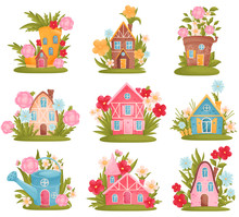 Set Of Fabulous Houses Among The Flowers And Grass. Vector Illustration On White Background.