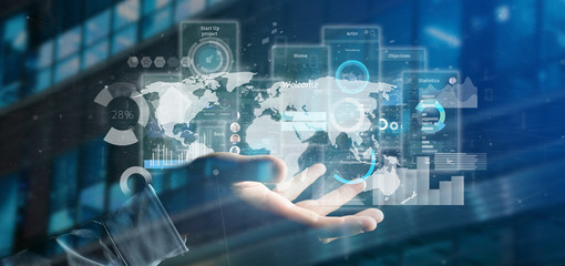 Wall Mural - businessman holding user interface screens with icon, stats and data 3d rendering