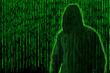 Wall Mural - Conceptual image of a hacker on green programming code background