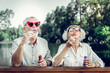 Happy couple in funny sunglasses blowing bubbles outdoors