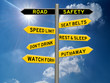 © Steve - Road safety concept 3d sign on a signpost against a sunny blue sky background