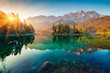 canvas print picture - Impressive summer sunrise on Eibsee lake with Zugspitze mountain range. Sunny outdoor scene in German Alps, Bavaria, Germany, Europe. Beauty of nature concept background.