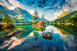 Picturesque summer scene of Hintersee lake. Colorful morning view of Austrian Alps, Salzburg-Umgebung district, Austria, Europe. Beauty of nature concept background.