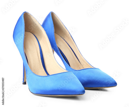 Cuadros en Lienzo Pair of stylish high-heeled female shoes on white background