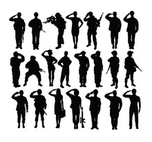 Saluting Soldier And Army Force Silhouettes, Art Vector Design 