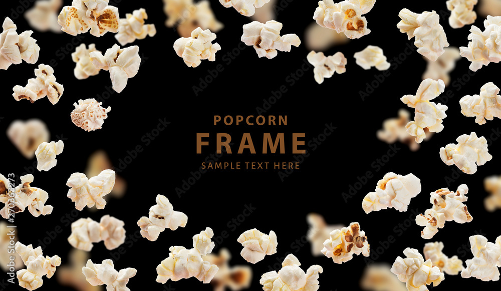 Popcorn frame, flying popcorn isolated on black background with copy space, movie poster concept - obrazy, fototapety, plakaty 