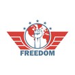 Color illustration of the emblem of freedom. Fisted arm with wings and a planet with text