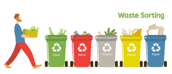 Vector waste sorting motivational vector illustration with man  sorting the waste.