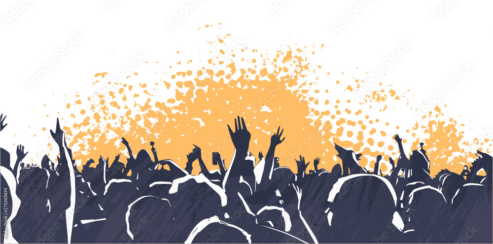Illustration of large crowd of young people at live music event party festival - obrazy, fototapety, plakaty 