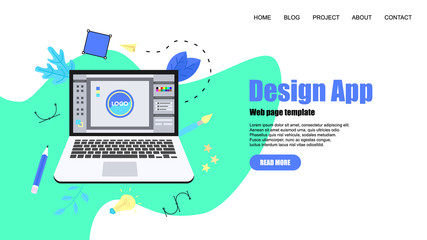 Webpage Template. Flat vector graphic design concept with an open design application with a creative project