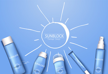 Wall Mural - mono-color blue trendy illustration, sun-protection cosmetics packaging design template. Sunscreen and sunblock cream, spray, milk, antiperspirant