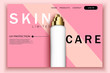 © ShvetsovaDesign - Vector 3d realistic cosmetic bottles on pink site template with typographic background. Mock-up for product package branding. web page design
