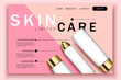 © ShvetsovaDesign - Vector 3d realistic cosmetic bottles on pink site template with typographic background. Mock-up for product package branding. web page design
