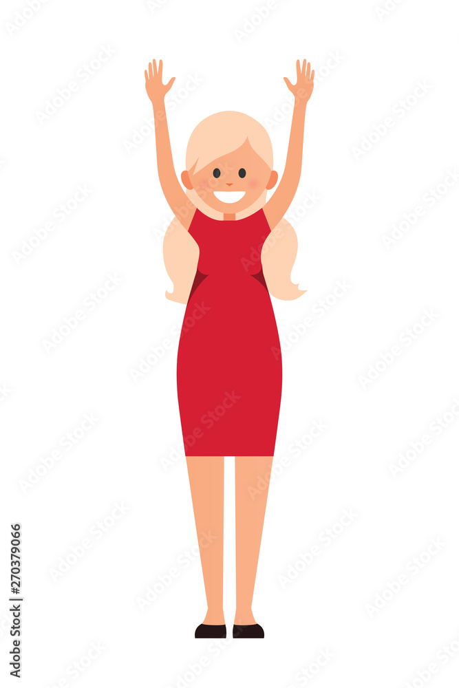 Front view animated character. Designer character. Cartoon style, flat  vector illustration of smiling girl with long blond hair in red dress.  Standing woman with hands up. Greeting. Interactive. Stock Vector | Adobe