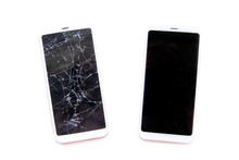 Two Mobile Smartphones With Broken And Fixed Glass Touch Screen Isolated On White. Service, Repair And Technology Concept. Top View, Copyspace Fo Text