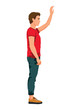 © bukavik - Vector illustration of man with hand up in casual clothes under the white background. Cartoon realistic people illustartion. Flat young man. Side view. Greeting. Interactive.