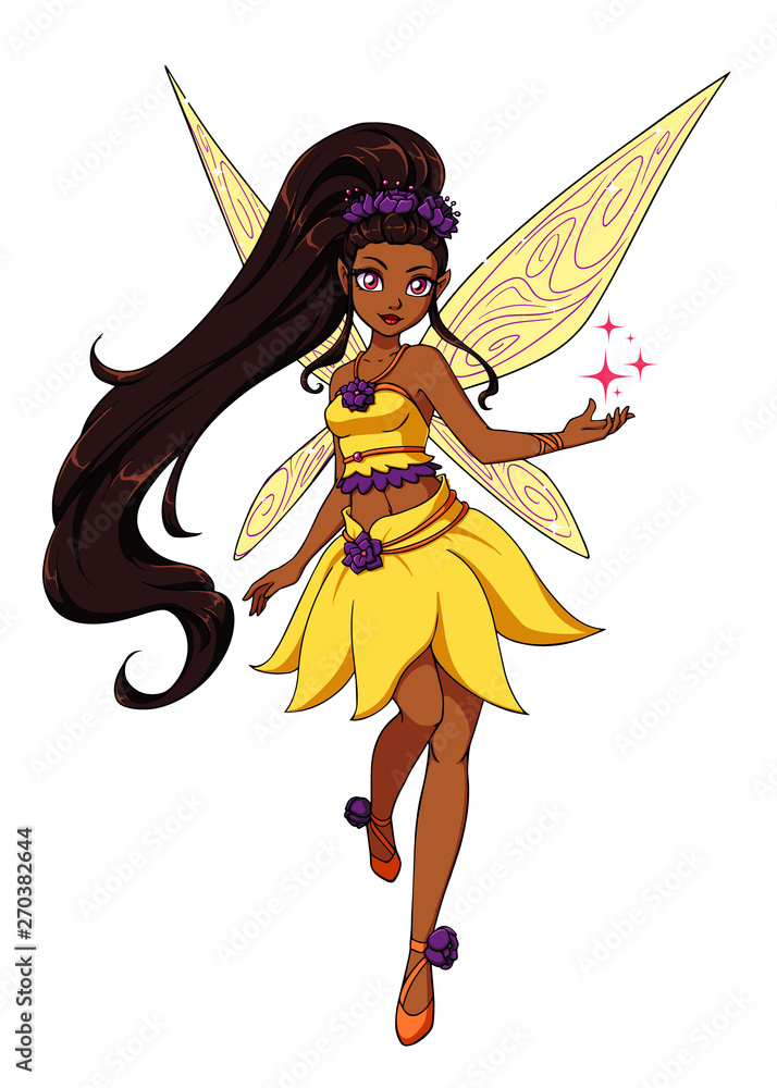 Cute cartoon fairy with dark long hair and yellow wings. Yellow dress with  flowers. Stock Vector | Adobe Stock
