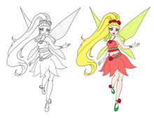 Spring cartoon fairy girl flies. Outlined for coloring book isolated on a white background. Hand drawn doodle illustration.