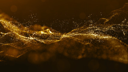 Abstract gold color digital particles wave with bokeh and light background