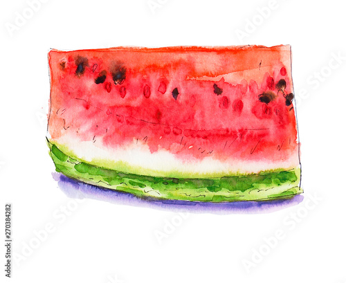 Watercolor red juicy watermelon slice. Sketch drawing. Food background, paint...