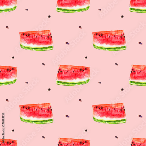 Watercolor seamless pattern from red juicy watermelon slicies. Sketch drawing...