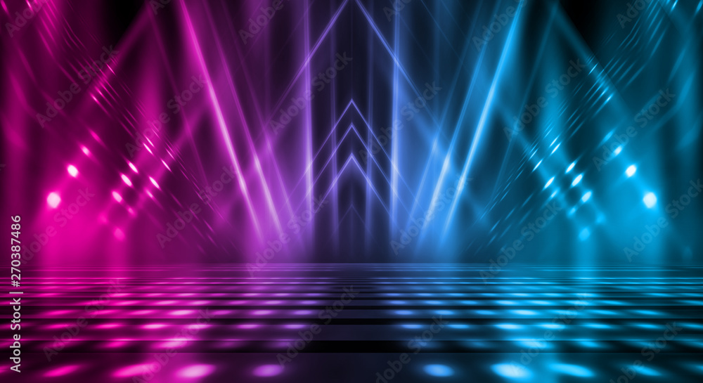 Background of empty stage show. Neon blue and purple light and laser show. Laser futuristic shapes on a dark background. Abstract dark background with neon glow - obrazy, fototapety, plakaty 