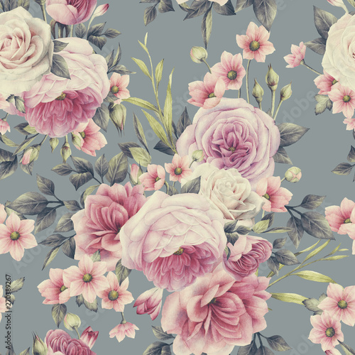 Seamless floral pattern with peonies, watercolor.