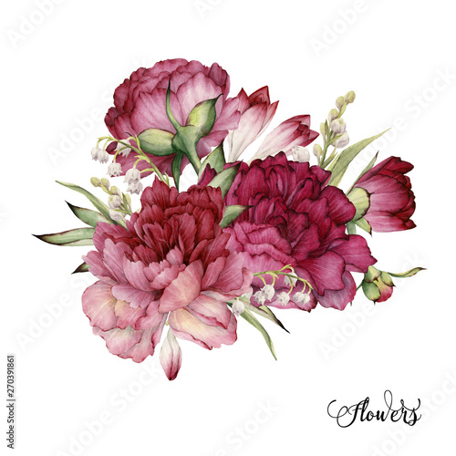 Bouquet of peonies, watercolor, can be used as greeting card, invitation card...