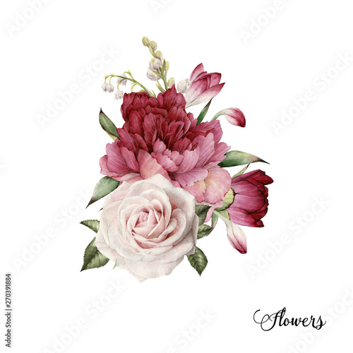 Bouquet of peonies, watercolor, can be used as greeting card, invitation card...