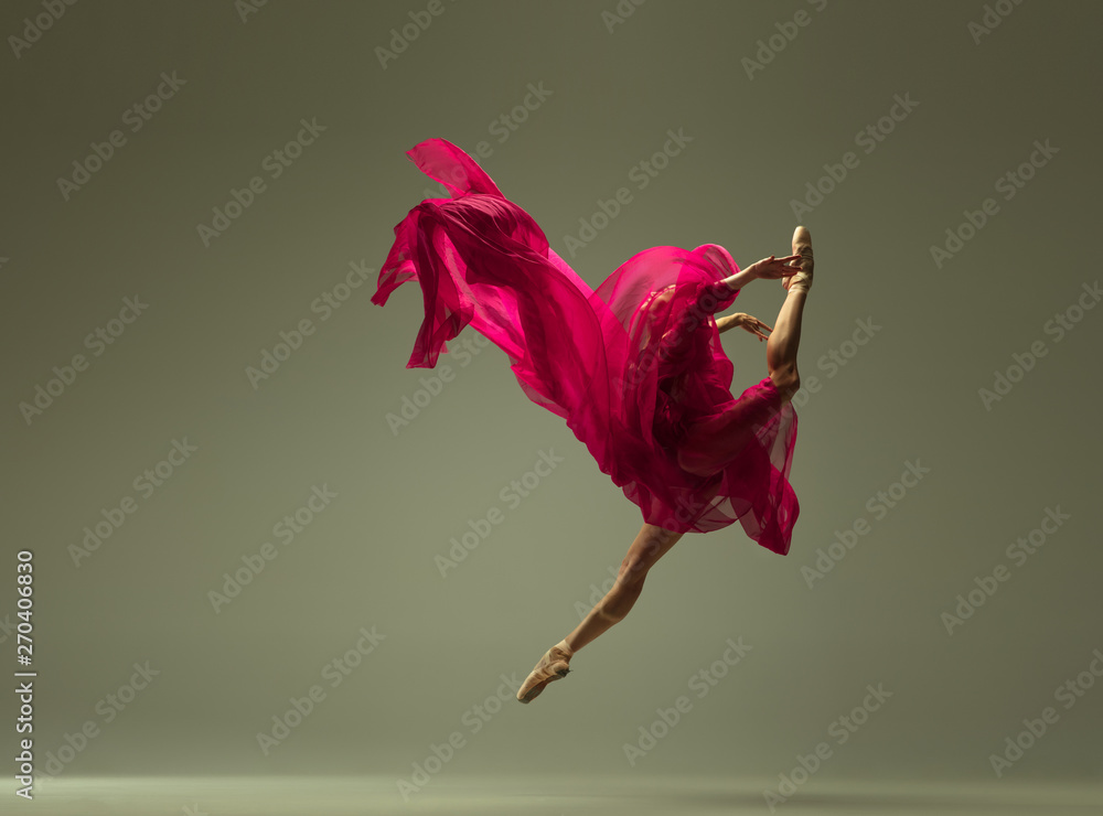 Graceful ballet dancer or classic ballerina dancing isolated on grey studio background. Woman with the pink silk cloth. The dance, grace, artist, contemporary, movement, action and motion concept. - obrazy, fototapety, plakaty 
